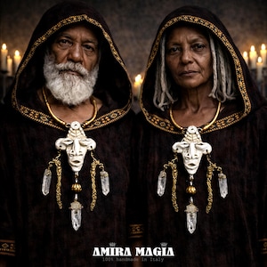 May include: Two people wearing dark brown hooded robes with gold trim and ornate necklaces. The necklaces feature a white face pendant with crystal and gold accents. The image includes the text "AMIRA MAGIA 100% handmade in Italy."