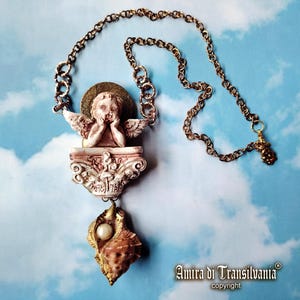 Guardian Angel, Winged Cherubim Protection Pendant, Jewel Magic Talisman Protective, Archangel Cherub Amulet Capital Bib
