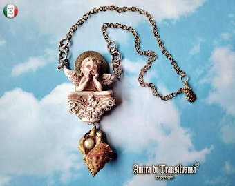 Beschermengel, beschermingshanger gevleugelde cherubijnen, beschermende magische talisman, aartsengel cherubijn amulet kapiteelschelp