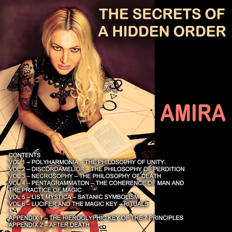 Pu&ograve; includere: Immagine di una donna bionda che tiene un libro aperto. Il testo "THE SECRETS OF A HIDDEN ORDER" e "AMIRA" sono visibili. Il libro presenta un indice con titoli come "POLYHARMONIA" e "NECROSOPHY", suggerendo un'opera esoterica.