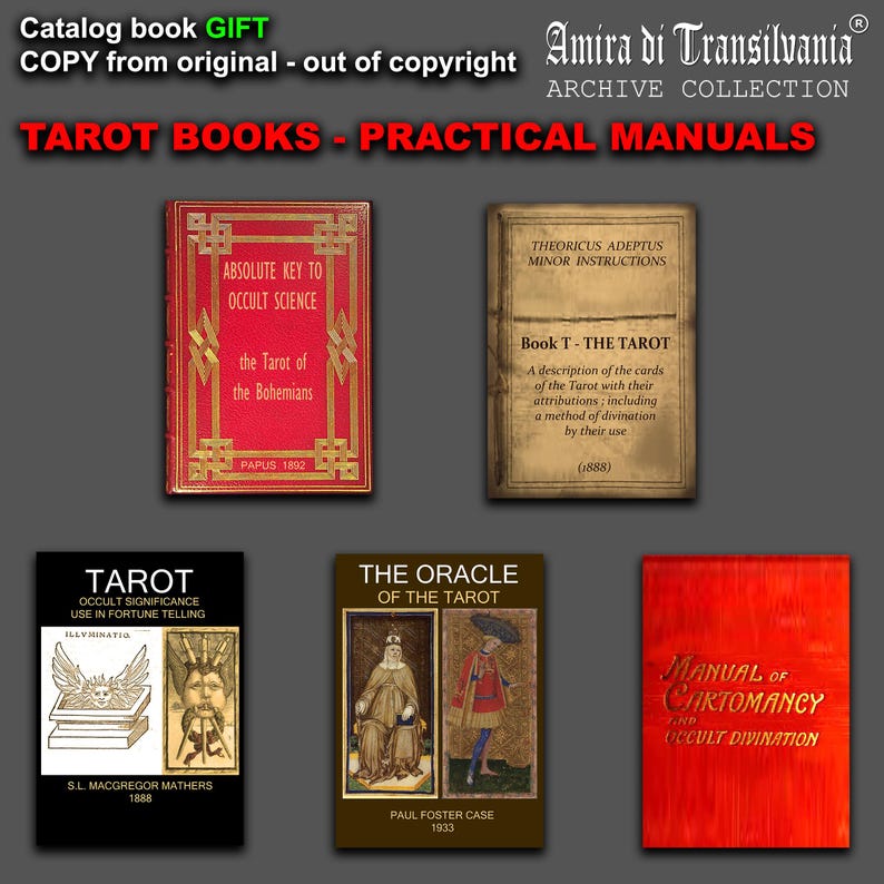 May include: An assortment of vintage tarot books and manuals, including "Absolute Key to Occult Science" and "The Oracle of the Tarot." The books feature red, brown, and black covers with gold lettering and illustrations. The text "TAROT BOOKS - PRACTICAL MANUALS" is displayed at the top.