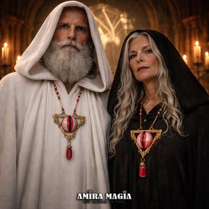 Puede incluir: Dos personas con túnicas con capucha y collares ornamentados. Los collares presentan un diseño de ojo rojo dentro de un marco dorado, con un colgante de vial rojo. La imagen incluye el texto "AMIRA MAGIA" y un logotipo "Made in Italy".