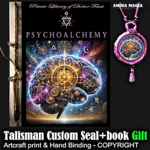 May include: A pink and gold talisman pendant featuring a brain-shaped design, with the words "Psychoalchemy" and "Amira Magia" on a book cover. The book cover is brown and has a vintage appearance.