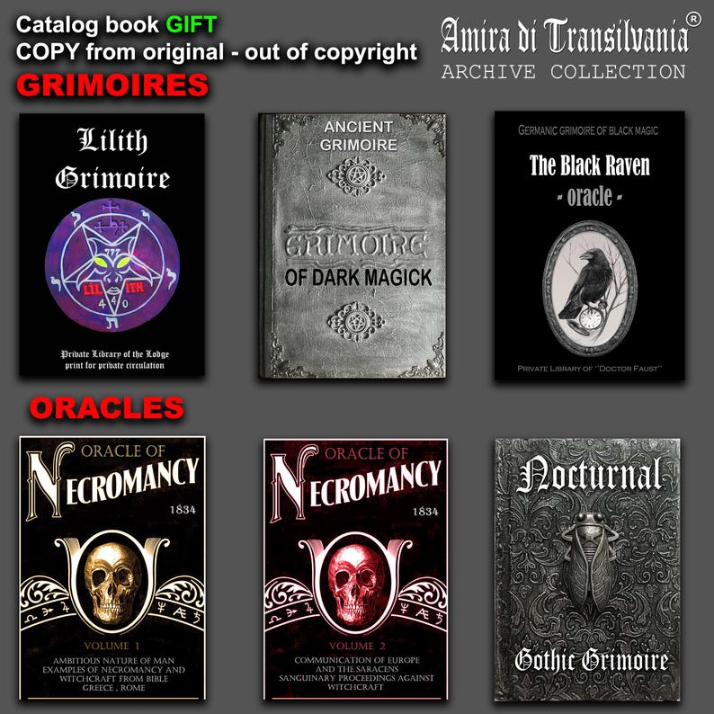 May include: A collection of antique books with gothic and occult themes. Titles include "Lilith Grimoire," "Ancient Grimoire," "The Black Raven," and "Oracle of Necromancy." The books feature ornate designs and dark imagery, perfect for fans of the macabre.