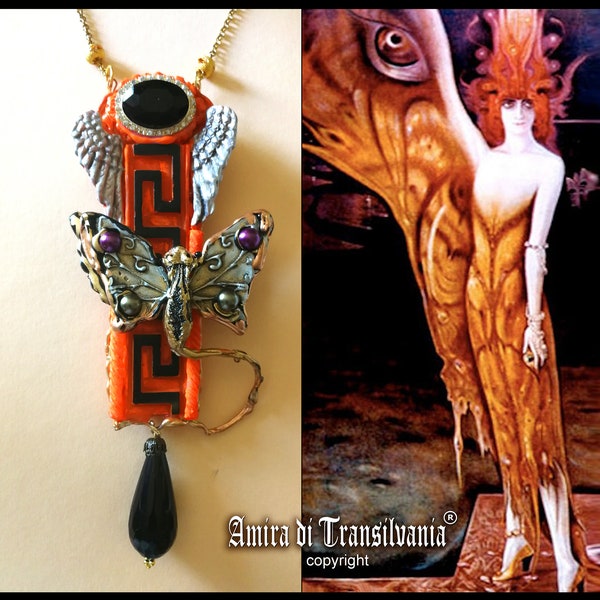 Papillon de nuit lunaire, collier Art déco, pendentif papillon, bijoux de sorcière, amulette en Liberty, breloque pierres précieuses, cristal d'obsidienne noire