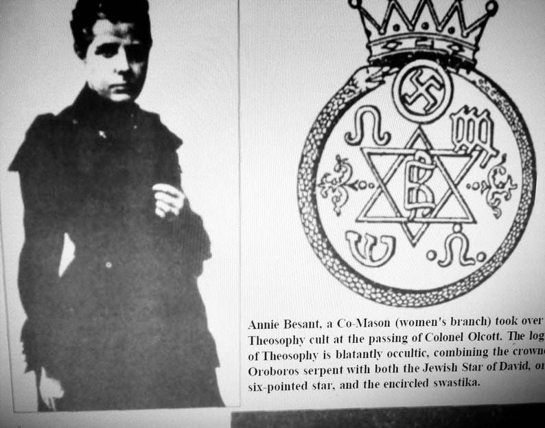 May include: Monochrome image showing a woman's portrait and a complex emblem. The emblem incorporates a crown, a swastika, a six-pointed star, and various symbols. The image text refers to Annie Besant and the Theosophy movement.