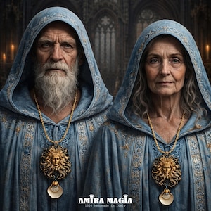 May include: Two people wearing blue hooded robes with gold embroidery and ornate gold necklaces. The necklaces feature a sun-like pendant with a face and a shell-shaped charm. The image has the text "AMIRA MAGIA 100% handmade in Italy".
