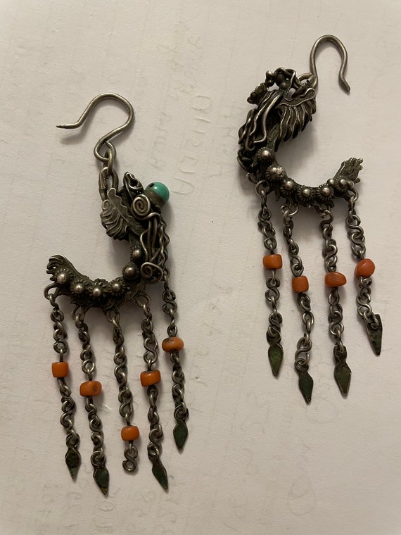 Rare QING DYNASTY Dragon Fringe Earrings.  Coral … - image 2