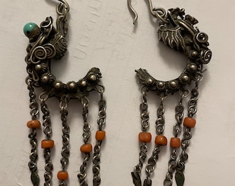 Rare QING DYNASTY Dragon Fringe Earrings.  Coral Beads, Chain Fringe. True Chinese Antique.