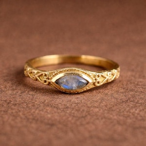 Marquise Rainbow Moonstone Ring Gold Plated | Handmade Boho Moonstone Band | June Birthstone Ring | Minimal Gold Ring