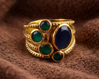 Gold Brass Multi Stone Statement Ring, Green Onyx Blue Stone Adjustable Boho Ring Gift