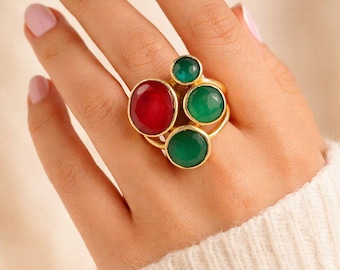 Handmade Multi Stone Statement Ring, Red Green Gemstone Ring, Gold Plated Adjustable Ring, Boho Cocktail Ring, Gift for Her