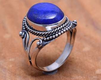 Natural Lapis Lazuli Ring, Blue Gemstone Ring, 925 Sterling Silver Ring, Statement Ring, Bohemian Ring, Ring for Women, Gift Ring