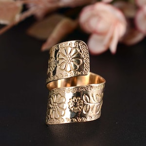 Wide Band Ring, Handmade Ring, 18k Gold Plated Rinh, Thumb Ring, Flower Ring, Adjustable Ring, Brass Ring, Gift Ring, Floral Wide Band