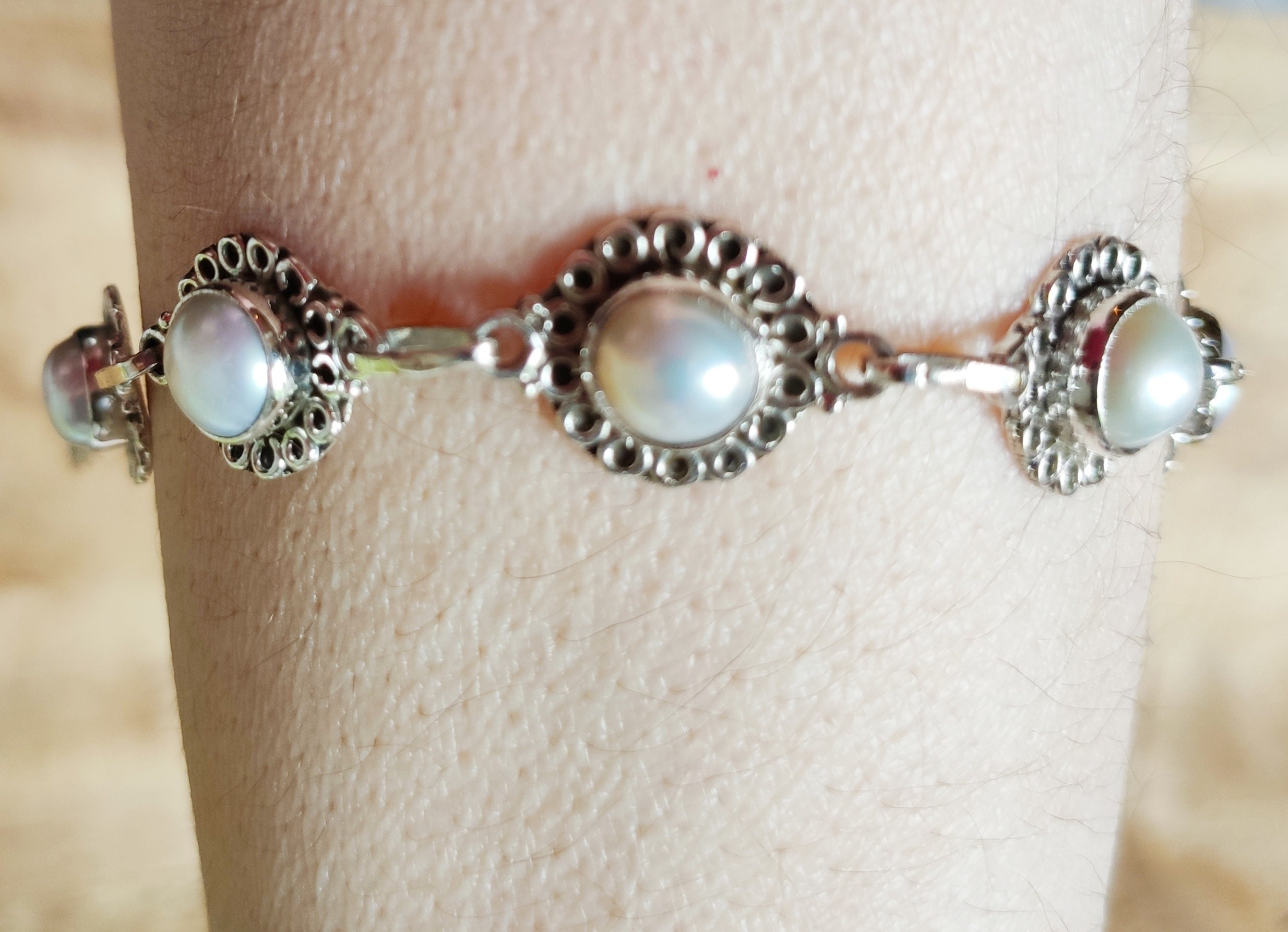Bracelet Pierre de lune naturelle perles et argent 925 - Ninanina