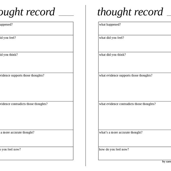 Simple horizontal thought record worksheet for cognitive behavioral therapy (CBT), mental health journaling printable - half letter size