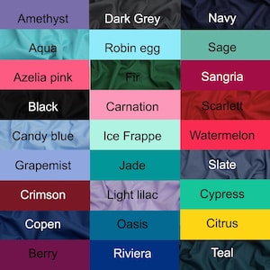 May include: A colour chart showing fabric swatches in a range of hues. Colours include Amethyst, Dark Grey, Navy, Aqua, Robin egg, Sage, Azelia pink, Fir, Sangria, Black, Carnation, Scarlett, Candy blue, Ice Frappe, Watermelon, Grapemist, Jade, Slate, Crimson, Light lilac, Cypress, Copen, Oasis, Citrus, Berry, Riviera, and Teal.
