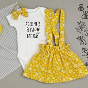 Personalized 1st Bee Day Baby Girl Outfit. First Bee day Bodysuit, Suspender Skirt and Bow.
