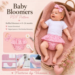 Naaipatroon voor babybroekjes (PDF). Patroon voor luierbroekje met ruches, 0-24 maanden. Eenvoudig, direct te downloaden voor beginners + commerciële licentie.