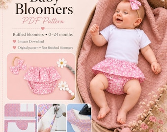Naaipatroon voor babybroekjes (PDF). Patroon voor luierbroekje met ruches, 0-24 maanden. Eenvoudig, direct te downloaden voor beginners + commerciële licentie.