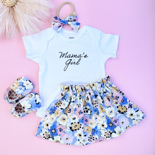 Mother's Day Baby Girl outfit. Mama's girl bodysuit, skirt, slippers and bow. Hand-sewn in the US