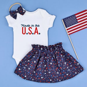 4th of July Girl Outfit. &quot;Made in the USA&quot; bodysuit. Baby Girl Patriotic Outfit.