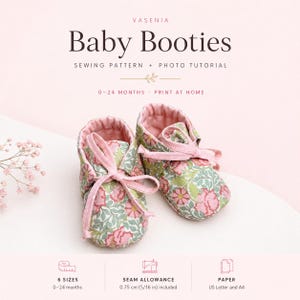 May include: A pair of floral baby booties with pink ribbon ties, featured in a sewing pattern and photo tutorial by Vasenia for sizes 0-24 months. The pattern includes a 5/16 inch seam allowance and is designed for US Letter and A4 paper.