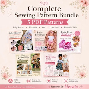 May include: A digital sewing pattern bundle by Vasenia featuring five PDF guides for baby items: reversible slippers, bloomers, a vest, a twist knot headband, and a suspender skirt. The image displays cover art for each project with photos of finished garments.