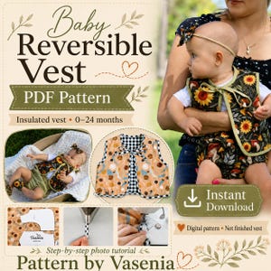 Naaipatroon omkeerbaar babyvestje pdf. Gewatteerd geïsoleerd vest voor 0-24 maanden. Gemakkelijke directe download voor beginners + commerciële licentie