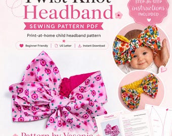 Naaipatroon voor een hoofdband met gedraaide knoop (PDF). Omkeerbare hoofdband met strik voor baby's. Eenvoudig naaiproject voor beginners. Direct te downloaden.