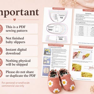 Op de afbeelding: Een digitaal PDF-naaipatroon voor babyslofjes met instructiepagina's, diagrammen, een maattabel in centimeters en stapsgewijze foto's. Het document bevat tekstlabels zoals Important, Pattern Pieces en Size Chart, naast twee afgewerkte roze slofjes met witte en gele madeliefjespatronen.