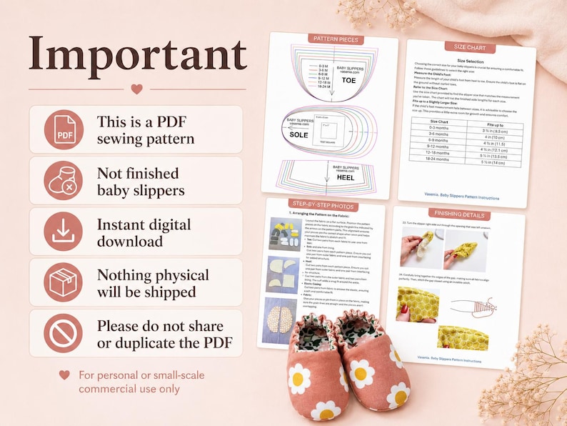 Op de afbeelding: Een digitaal PDF-naaipatroon voor babyslofjes met instructiepagina's, diagrammen, een maattabel in centimeters en stapsgewijze foto's. Het document bevat tekstlabels zoals Important, Pattern Pieces en Size Chart, naast twee afgewerkte roze slofjes met witte en gele madeliefjespatronen.