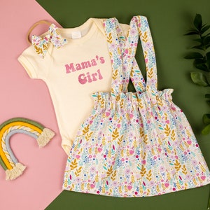 Mother's Day Outfit Baby Girl. Mama's girl bodysuit and suspender skirt.