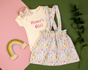 Mother's Day Outfit Baby Girl. Mama's girl bodysuit and suspender skirt.