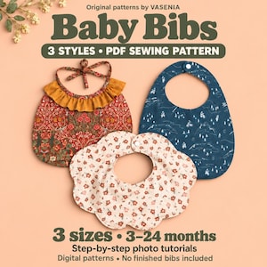 May include: Three baby bibs featuring different designs: one with a floral pattern and mustard ruffle, one with a dark blue mountain print, and one with a scalloped edge and small flower print. Text reads: Original patterns by VASENIA Baby Bibs.