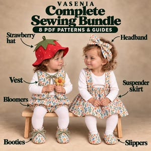 May include: A Vasenia Complete Sewing Bundle featuring 8 PDF patterns and guides. Items include a red strawberry hat, a floral vest, bloomers, and booties on one child, and a floral headband, suspender skirt, and slippers on another child.
