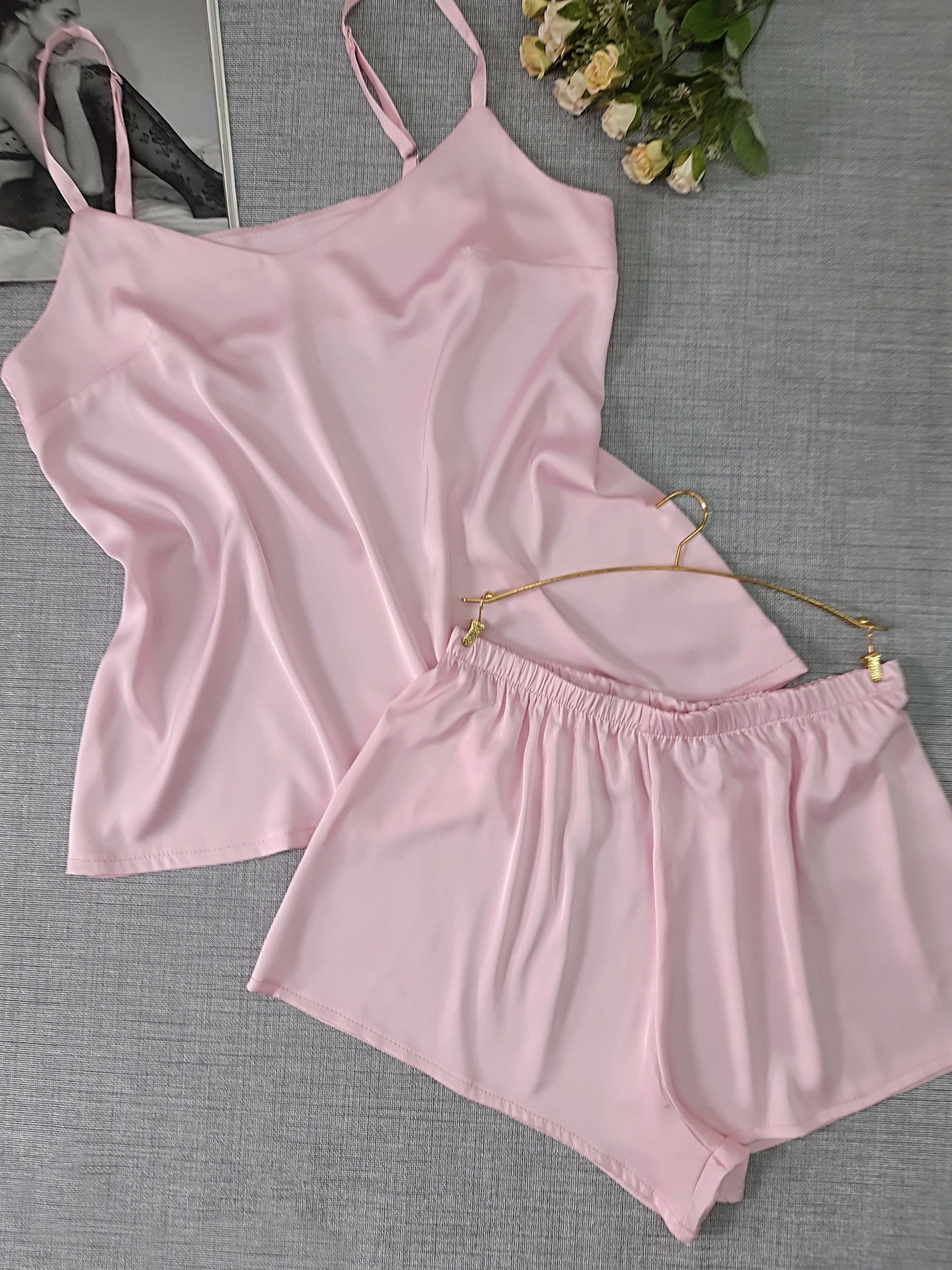 Pink Silk Pajamas, Woman Nightwear Satin Lingerie Set, Sexy