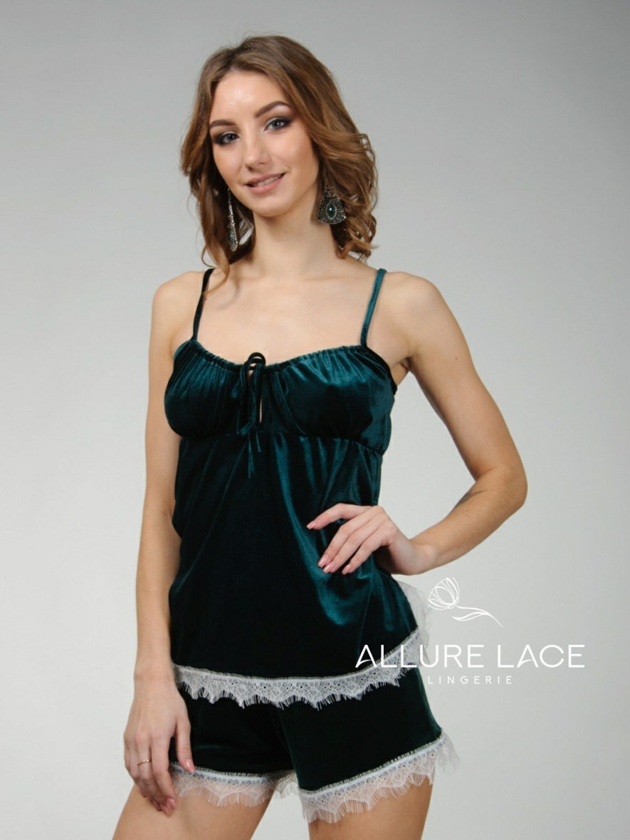 Velvet Emerald Green Pajamas Set for Women Sleepwear Etsy
