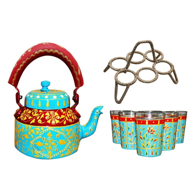 Hand Painted Traditional Colourful Decorative Tea Kettle 6 Decorative Showpiece Aluminium Multicolour Pack 6 PCS Indian Handmade Gift Item