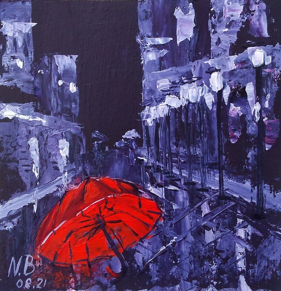 Paris Painting Red Umbrella Original Art Cityscape Wall Art Etsy