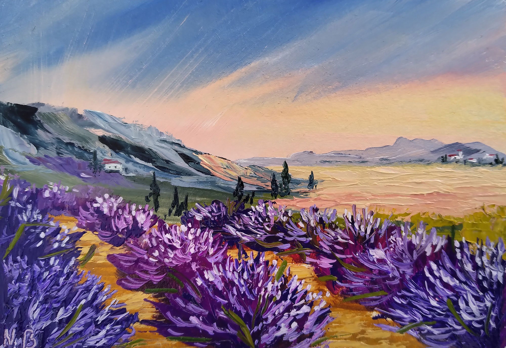 Tuscany Painting Lavender Original Art Landscape OIl Artwork Violet Flowers Artwork