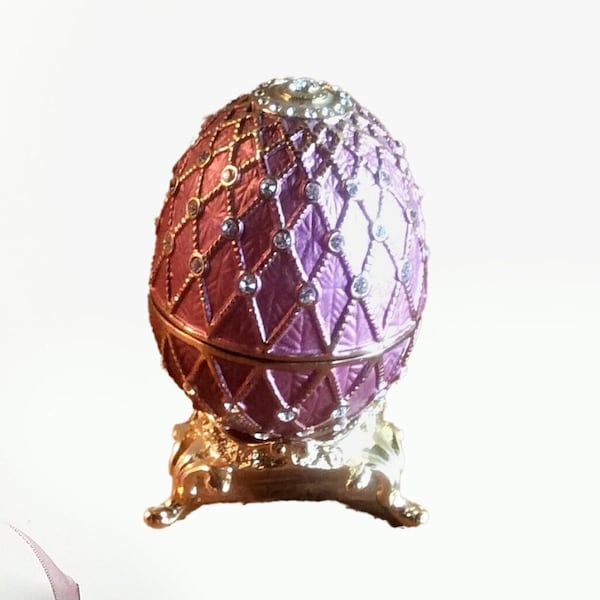 Pink Egg Trinket Box With Stand, Bejeweled Sparkly Hinged Ring Box