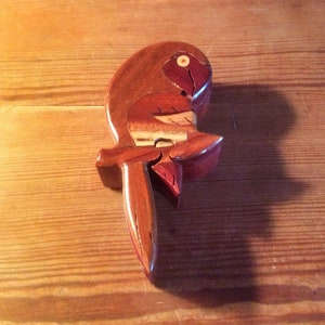 Parrot Bird Carved Wood Puzzle Box ~ Decorative Box ~ Compartment Trinket Box