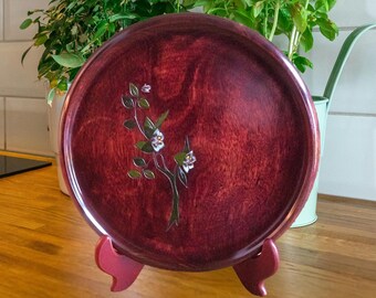 Vintage Wooden Tray Platter with Floral Motif, 10 Inch Round Tray, Serving Tray, Home Decor