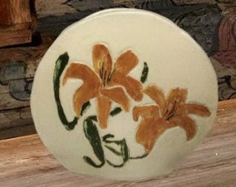 Boho Retro Round Pottery Single Flower Vase Painted Orange Lilies ~ Indoor Plant Pot ~ Handmade Planter