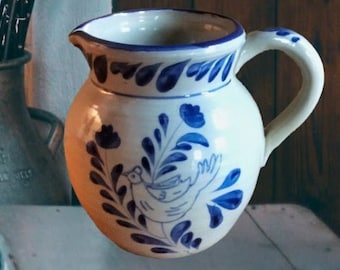 Blue Floral Bird Stoneware Pitcher Vase: Nature Inspired Ceramic Decor