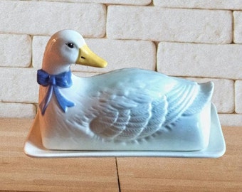 Vintage Duck Butter Dish Ceramic Blue Bow, Kitchen Decor, Farmhouse Decor, Country Style, Unique Gift