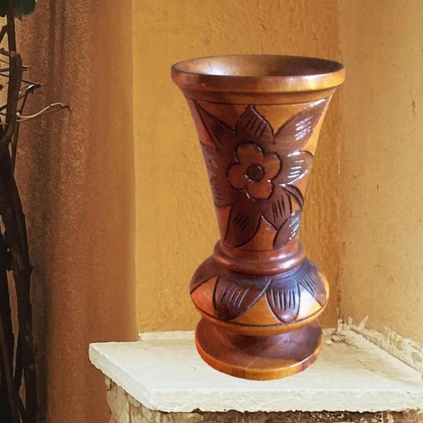 Vintage Hand Carved Wooden Vase, Rustic Home Decor, Hand Carved Vase, Boho Chic Vase, Farmhouse Vase, Wooden Flower Vase