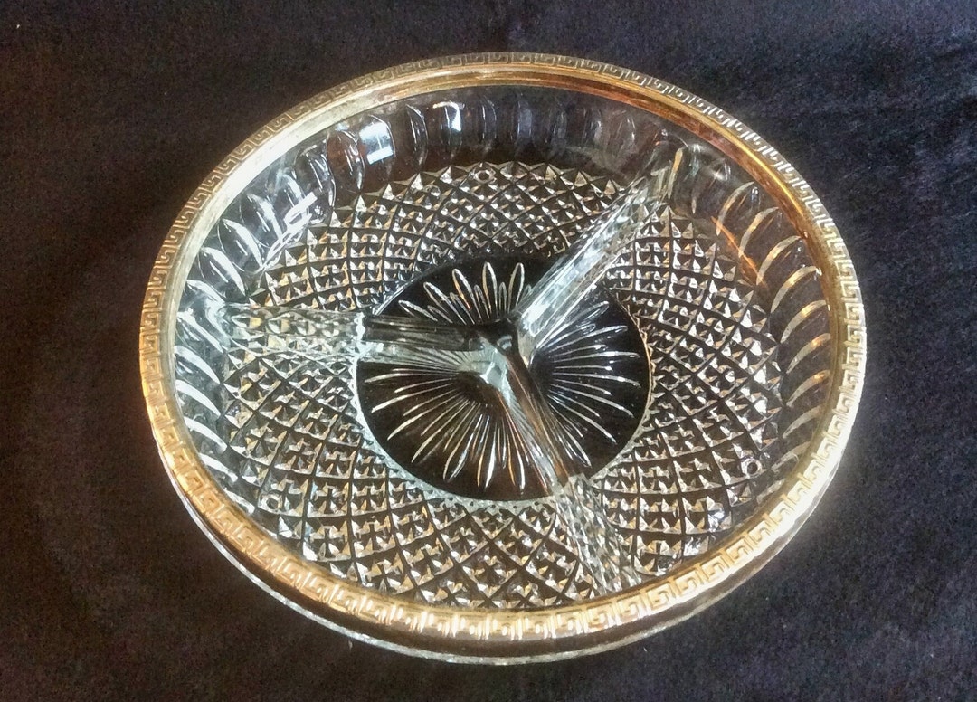 Lead Crystal Divided Plate Dish, Metal Rim Serving Tray, Classic ...
