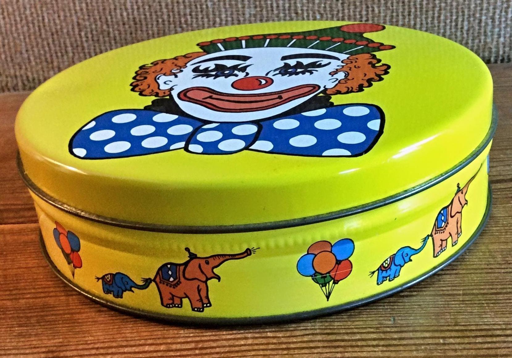 Vintage Yellow Circus Clown Tin Container With Elephants & Balloons ...